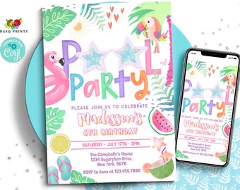 Pool Party Invitation Tropical Splish Splash, Tropical Groovy Summer, Summer Pool, 0520