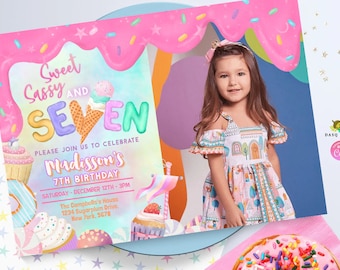 Seven is so sweet 7th icecream Birthday Invitation Donut Rainbow Sprinkle Photo 0320