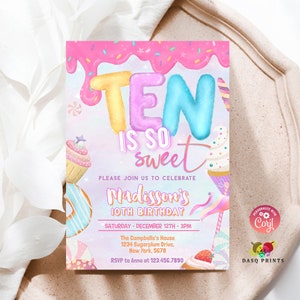 Donut Ten es dulce invitación de cumpleaños Chica Donut Fiesta de cumpleaños 10 Fiesta de cumpleaños Rosa Donut Fiesta de cumpleaños Pastel Sprinkle 0320