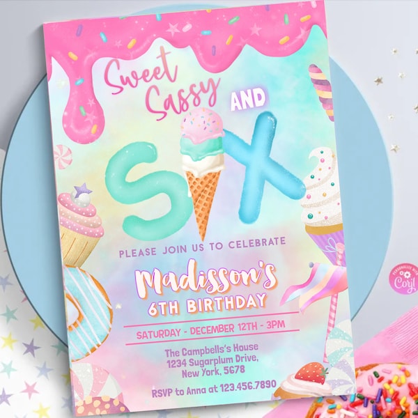 Sweet, Sassy and SIX 6th Birthday Invitation Birthday Party Invitation  ice cream Girl Donut Party  Pastel Rainbow Sprinkle Photo 0320