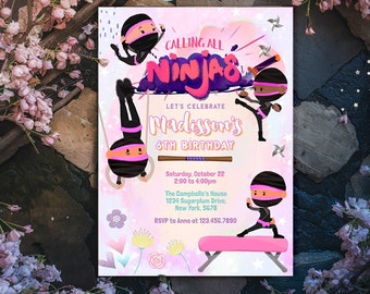 Ninjas Warrior Party Invitation Template, cherry blossoms Karate Girls Birthday Invite, Lets Kick,corjl