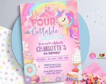 Unfourgettable Unicorn Sweet Girl 4th Birthday Invitation Birthday Party Invitation  Pastel Donut Party  Pastel Rainbow Sprinkle 0430