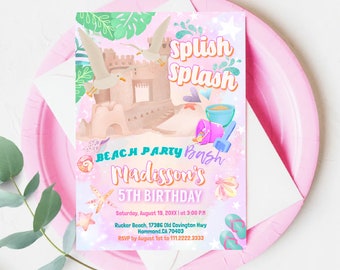 Beach invitation, Summer Beach Birthday,Sandcastle Surfing  invitation,  Instant Download Corjl Foam Party 0460