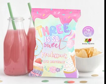 three is so Sweet Birthday Party Chip Bag Template ice cream Girl Donut Party Pastel Rainbow Sprinkle Photo 0320