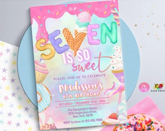 Seven is so sweet 7th Birthday Invitation Birthday Party Invitation  Pastel Donut  Girl Donut Party  Pastel Rainbow Sprinkle Photo 0320