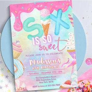 Six is so sweet 6th Birthday Invitation Birthday Party Invitation  Pastel icecream Girl Donut Party  Pastel Rainbow Sprinkle Photo 0320