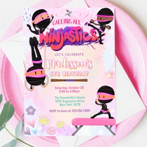 Inbjudan till Ninjastics-flickans födelsedag, mall för ninjakrigarfestinbjudan, födelsedagsinbjudan till gymnastiska karateflickor, Lets Kick, corjl 0400