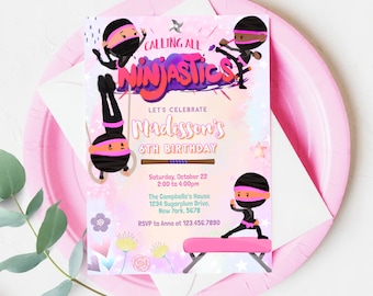 Ninjastics Girl Birthday Invitation,  Ninja Warrior Party Invitation Template, gymnastic Karate Girls Birthday Invite, Lets Kick,corjl 0400