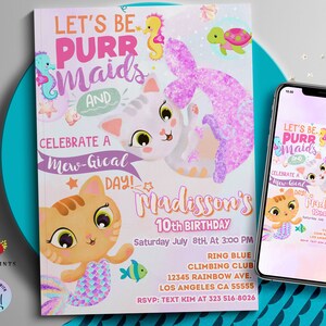 Chat Sirène Purrmaids Anniversaire Invitation Meowmaids Mercat Party Invitation Imprimable Anniversaire Chats Sous la Mer Inviter Kitty 0350