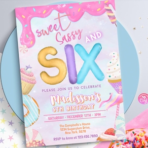 Sweet, Sassy and SIX 6th Birthday Invitation Birthday Party Invitation  Pastel Donut  Girl Donut Party  Pastel Rainbow Sprinkle Photo 0320