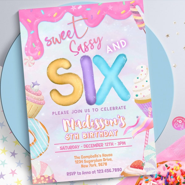 Sweet, Sassy and SIX 6th Birthday Invitation Birthday Party Invitation  Pastel Donut  Girl Donut Party  Pastel Rainbow Sprinkle Photo 0320