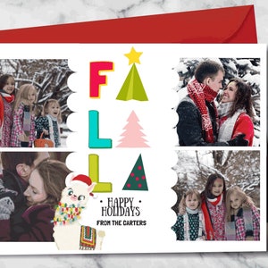 Cartão com fotos de Natal de lhama Falala, modelo de cartão de Natal Modelo de cartão colorido do Photoshop, cartão de férias imprimível, DOWNLOAD INSTANTÂNEO.