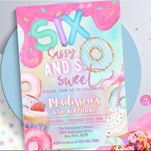 Donut Six sassy and so sweet  6th Birthday cupcake Pastel Donut  Girl Donut Party  Pastel Rainbow Sprinkle Photo 0320