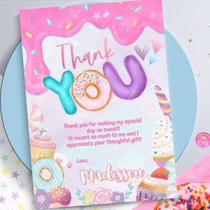 Bedankkaart Pastel Donut Girl Donut Party Pastel Rainbow Sprinkle Foto 0320