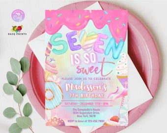 Seven is so sweet 7th Birthday Invitation Birthday Party Invitation Marshmallow Donut  Girl Donut Party  Pastel Rainbow Sprinkle Photo 0320