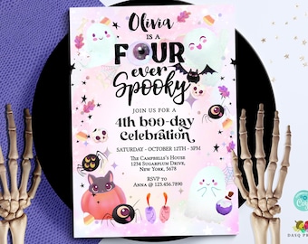 four ever Spooky 4th Halloween Invitation Spooktacular Cute Pink Ghost 0350