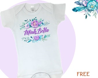 Personalized Baby Toddler NAME Bodysuit or Shirt with FLORAL Theme. Gorgeous Watercolor Style Flowers Top and Bottom, White. 100% Cotton.