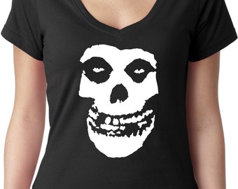 Misfits Skull Band  Women's cut V-Neck T-shirt Rocker Horns Unisex Awesome Shirt Black w/White Metal Punk Cool Gift Different Colors