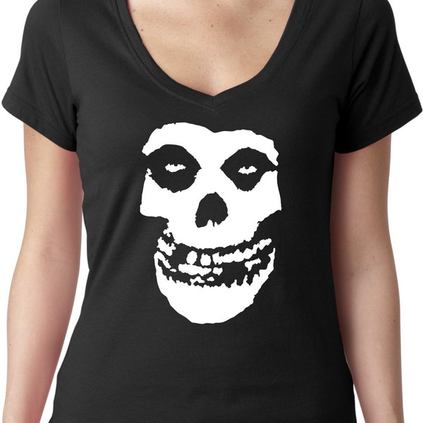 Misfits Skull Band  Women's cut V-Neck T-shirt Rocker Horns Unisex Awesome Shirt Black w/White Metal Punk Cool Gift Different Colors