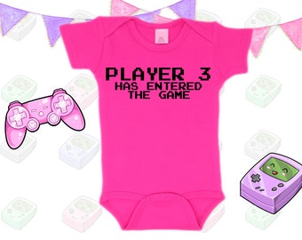 Player 3 Has Entered The Game Awesome Funny Baby Bodysuit One Piece Creeper Hot Pink/Black Cool Personalized Baby Shower Gift