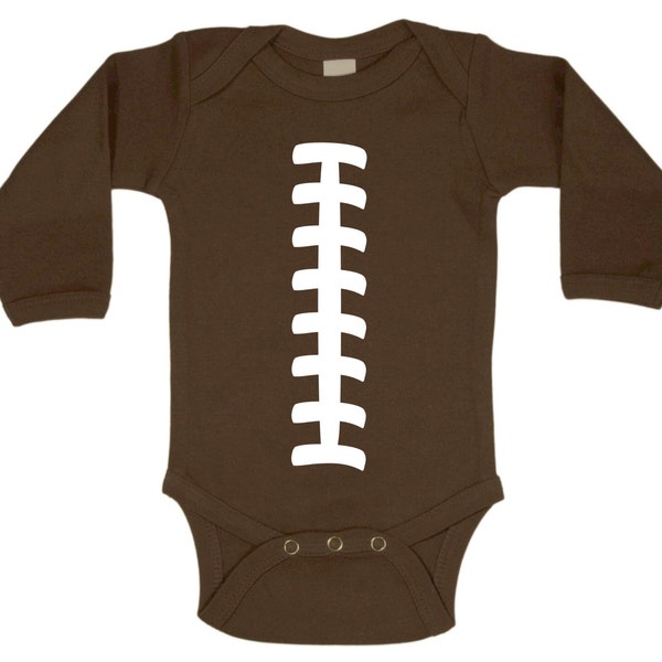 Football Funny Baby One Piece Bodysuit Brown w/ White LONG SLEEVE Cool Personalizable Baby Shower Gift