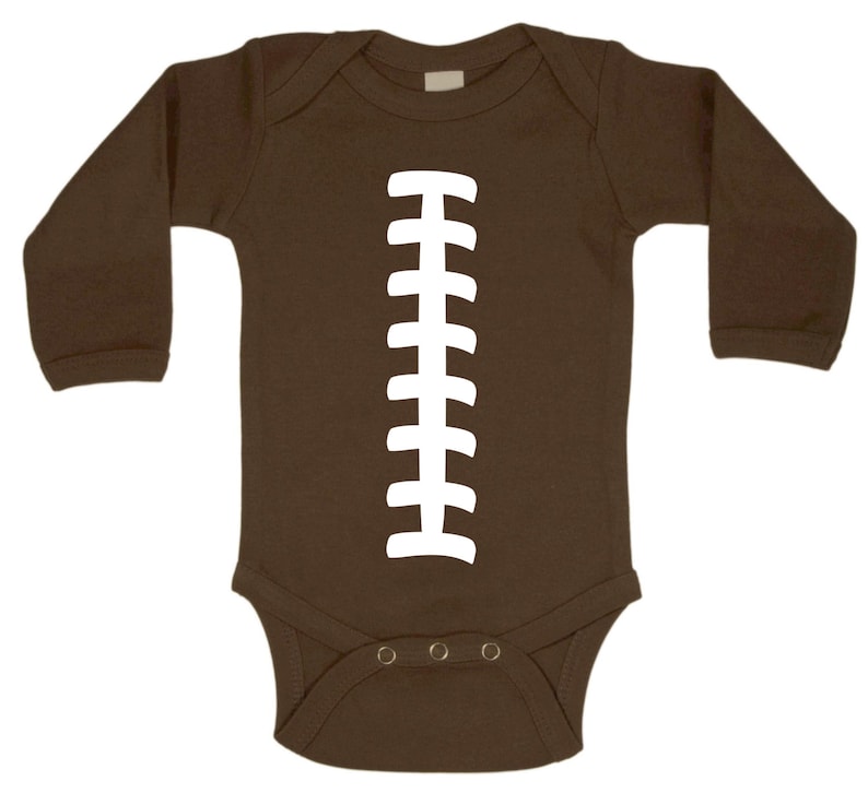 Football Funny Baby One Piece Bodysuit Brown w/ White LONG SLEEVE Cool Personalizable Baby Shower Gift image 1