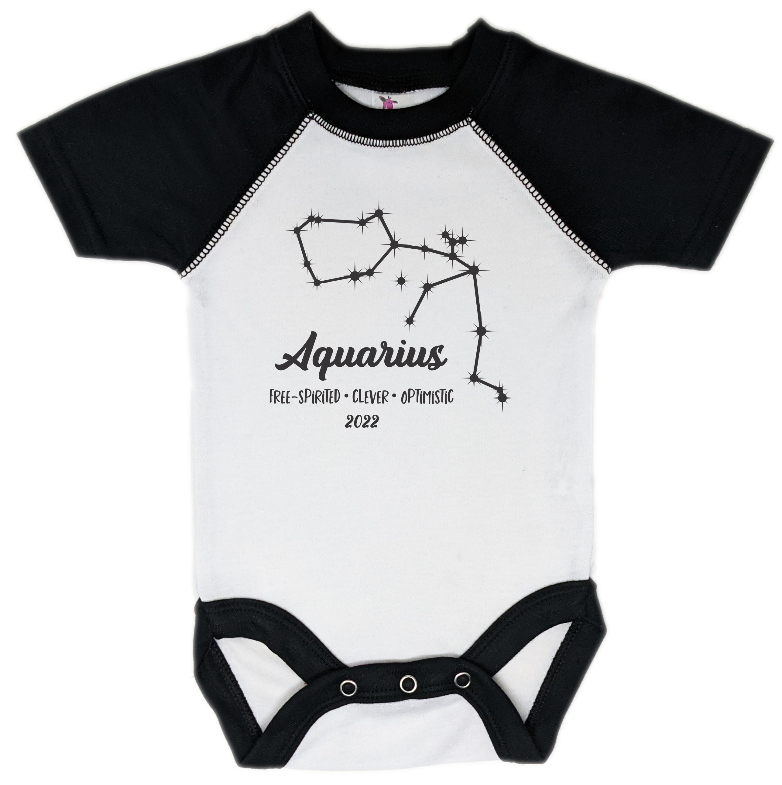 Horoscope Baby Raglan Shirt, White w/ Black - All Horoscopes Available - Year and Traits are Personalizable