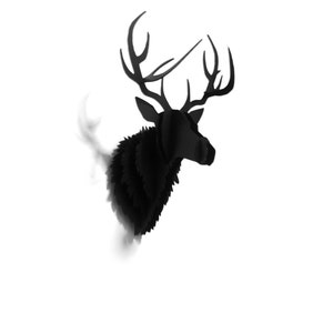 May include: A black silhouette of a deer head with antlers mounted on a white wall.