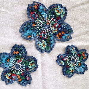 NEW PRINT! Hand Embroidered Patch, Summer Flowers, Blue Green Multicolor Bohemian Flower Patch, Upcycled Denim, Festival Clothing