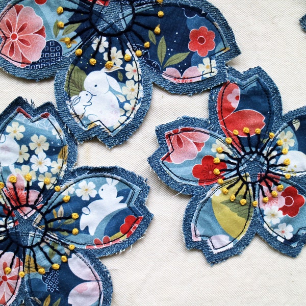 Spring Flower Patch, Hand Embroidered Multicolor Cute Spring Flower Patch, Upcycled Denim, Festival Clothing, Primary Colors