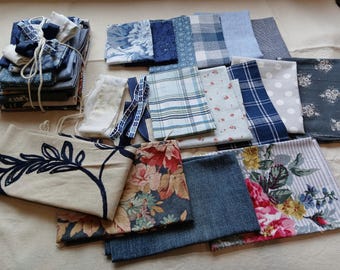 Mixed Blues Reclaimed Fabric Bundle: 13-Piece Natural Fibers 8 oz Scrap Pack