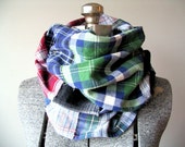 Upcycled Infinity Scarf, Multicolor Plaid Patchwork Cotton Flannel, Artsy Bohemian Accessory, Ready to Ship, Unisex Accessory Gift