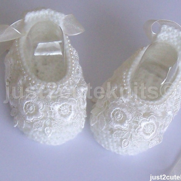 Hand Knitted Designer Baby Girl Ballet Booties Venise Lace And Pearls Newborn Special Occasion Baby Shower Original Reborn Doll