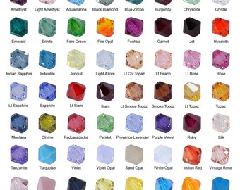May include: A chart of 36 different colored glass beads, each with a unique name, such as amethyst, aquamarine, and emerald. The beads are arranged in a grid pattern.