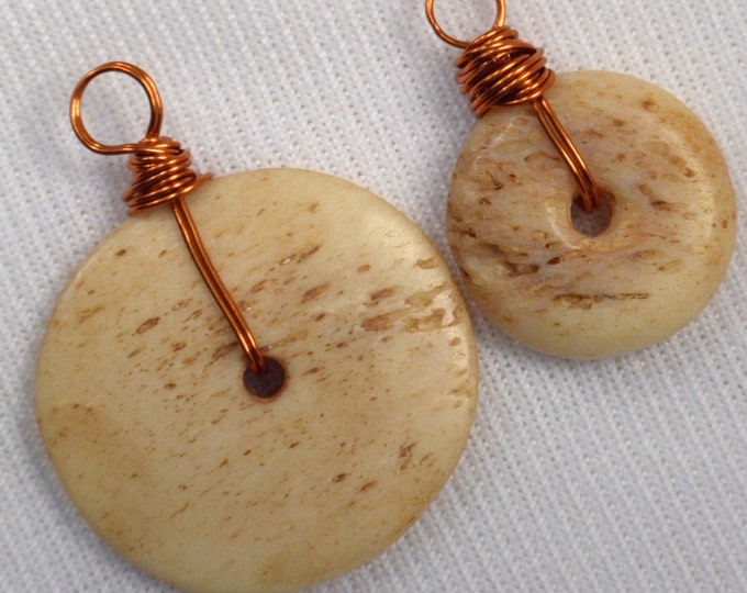 H343 2 Loose Copper Wire Wrapped Donut Charms Wire Wrapped Bone Charms Destash Add On Pendants For Jewelry Making Bone Coin Charms