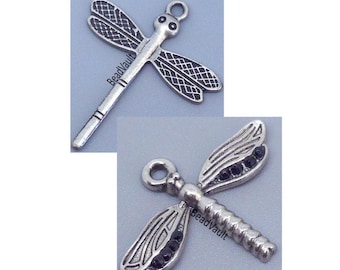 Antique Silver Dragonfly Charm, Add On Dragonfly Charm For Jewelry Making, Black Crystal Metal Dragonfly Charms, Insect Phone Charms