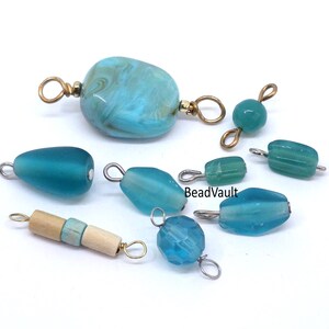 Teal And Turquoise Mix Charm And Connectors, 9 Piece Light Blue Jewelry Links & Charms, Add On Charms For Crafts, Destash Supplies (H963)