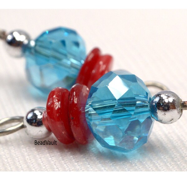 Aqua Blue Crystal & Red Shell Charm, Light Blue Crystal Jewelry Charms, Add On Red Shell Charms, DIY Craft Supplies, Destash Supply (H27)