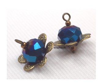 Metallic Navy Blue Crystal Charm Dangles, Crystal Jewelry Add On Charm, Antique Bronze Charms, Destash Supplies (H523)