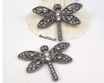 Dragonfly Charm, Black Gunmetal Dragonfly Pendant, Add On Jewelry Making Supplies, Crystal Dragonfly, Craft Supplies, Destash (M141)