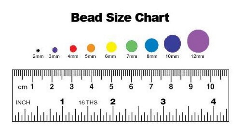May include: Bead size chart with a ruler showing measurements in inches and centimeters. The chart shows different sizes of beads from 2mm to 12mm, with each size represented by a colored circle.
