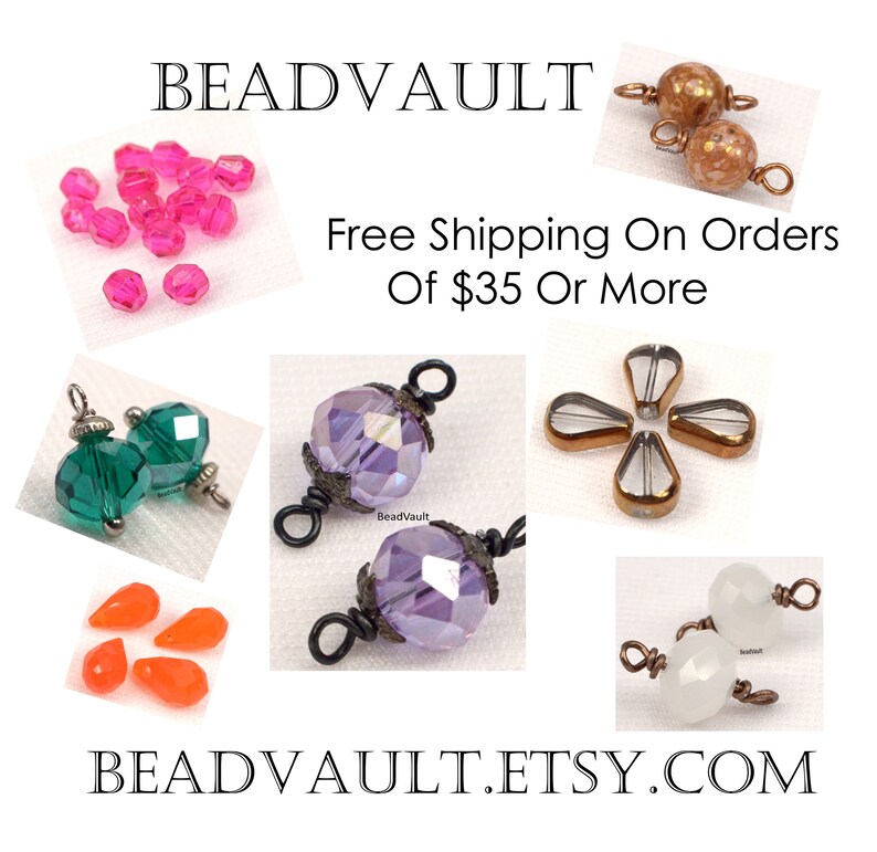 May include: Assortment of colorful glass beads, including pink, green, purple, orange, and white. The beads are displayed on a white background with the text "BEADVAULT.ETSY.COM" and "Free Shipping On Orders Of $35 Or More".