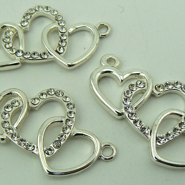 Silver Crystal Heart Connectors, Silver Heart Link Charms, Jewelry Making Supplies, Silver Clear Crystal Hearts, Destash Craft Supplies