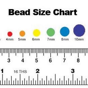 May include: A Bead Size Chart featuring nine colored circles ranging from 2mm to 12mm in diameter, positioned above a ruler showing both centimeters and inches. The text Bead Size Chart is printed at the top, with labels for each bead size below.