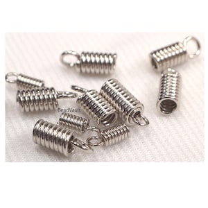 Silver Coiled Cord Ends, 12 Loose Silver Spiral Tubes With Loop, Silver Coiled Tube Ends For Jewelry Making, Destash Finding Supplies (F102)