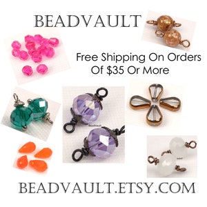 May include: Assortment of colorful glass beads, including pink, green, purple, orange, and white. The beads are displayed on a white background with the text "BEADVAULT.ETSY.COM" and "Free Shipping On Orders Of $35 Or More".