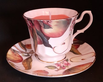 apples butterflies and apple blossom design scented pink wax Christmas birthday gift Duchess fine bone china Teacup candle