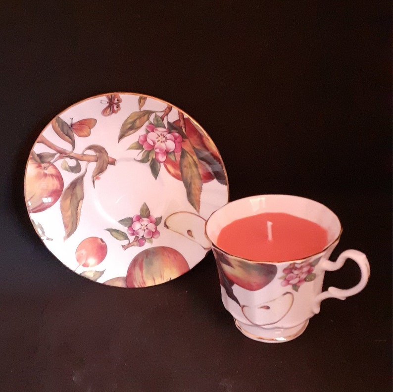 apples butterflies and apple blossom design scented pink wax Christmas birthday gift Duchess fine bone china Teacup candle