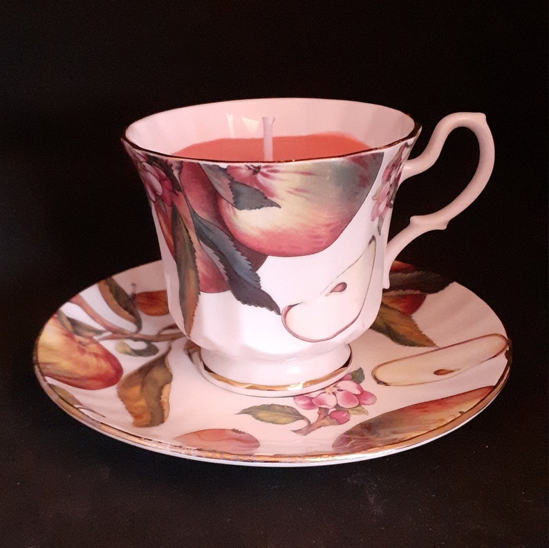 apples butterflies and apple blossom design scented pink wax Christmas birthday gift Duchess fine bone china Teacup candle