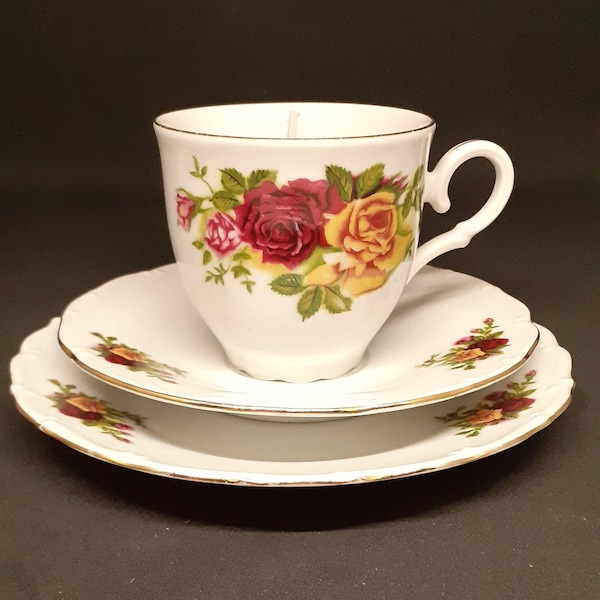Teacup candle trio vintage, MZ pottery, open roses design on cup, saucer & plate, deep pink floral scent wax, Christmas, Birthday gift